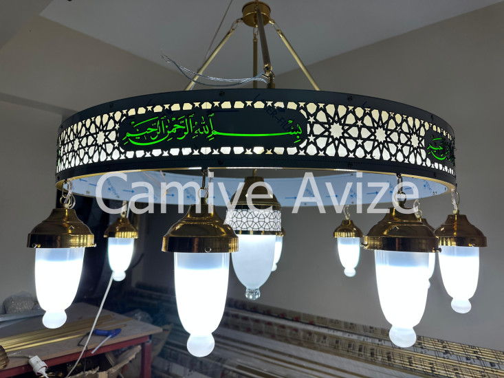 1 metre 11 kandilli yeşil besmeleli cami avizesi